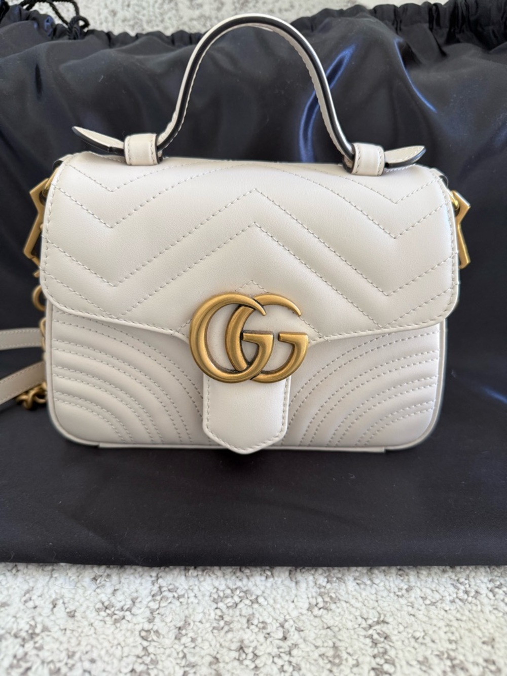 Gucci Cream GG Marmont Mini Top Handle Bag